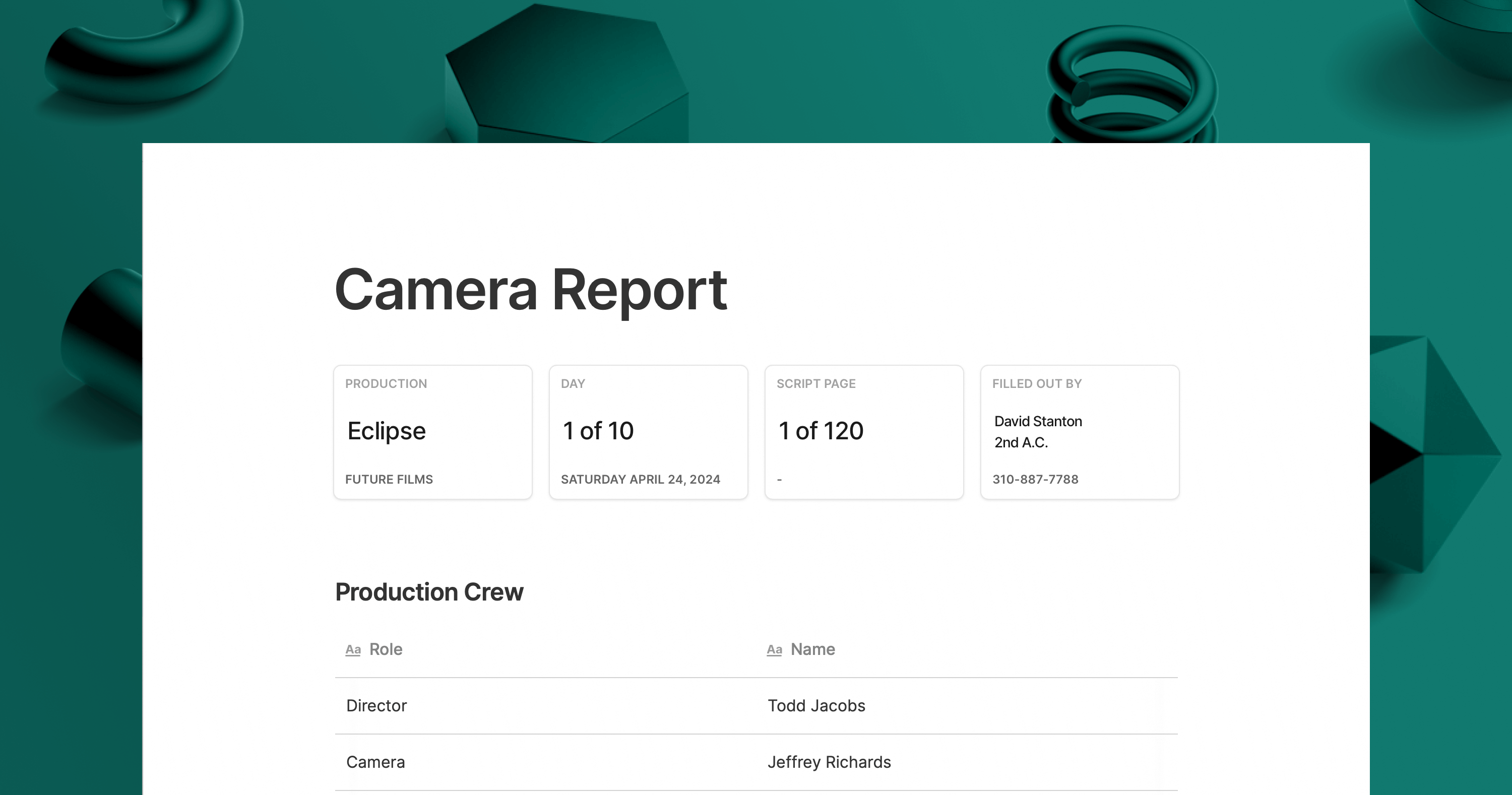 Camera Report Template Assemble 